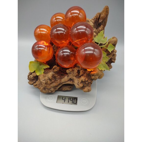 Vintage 11" Long MCM Large Orange Lucite Grape Cluster Burlwood Mid Century Mod - Picture 16 of 17